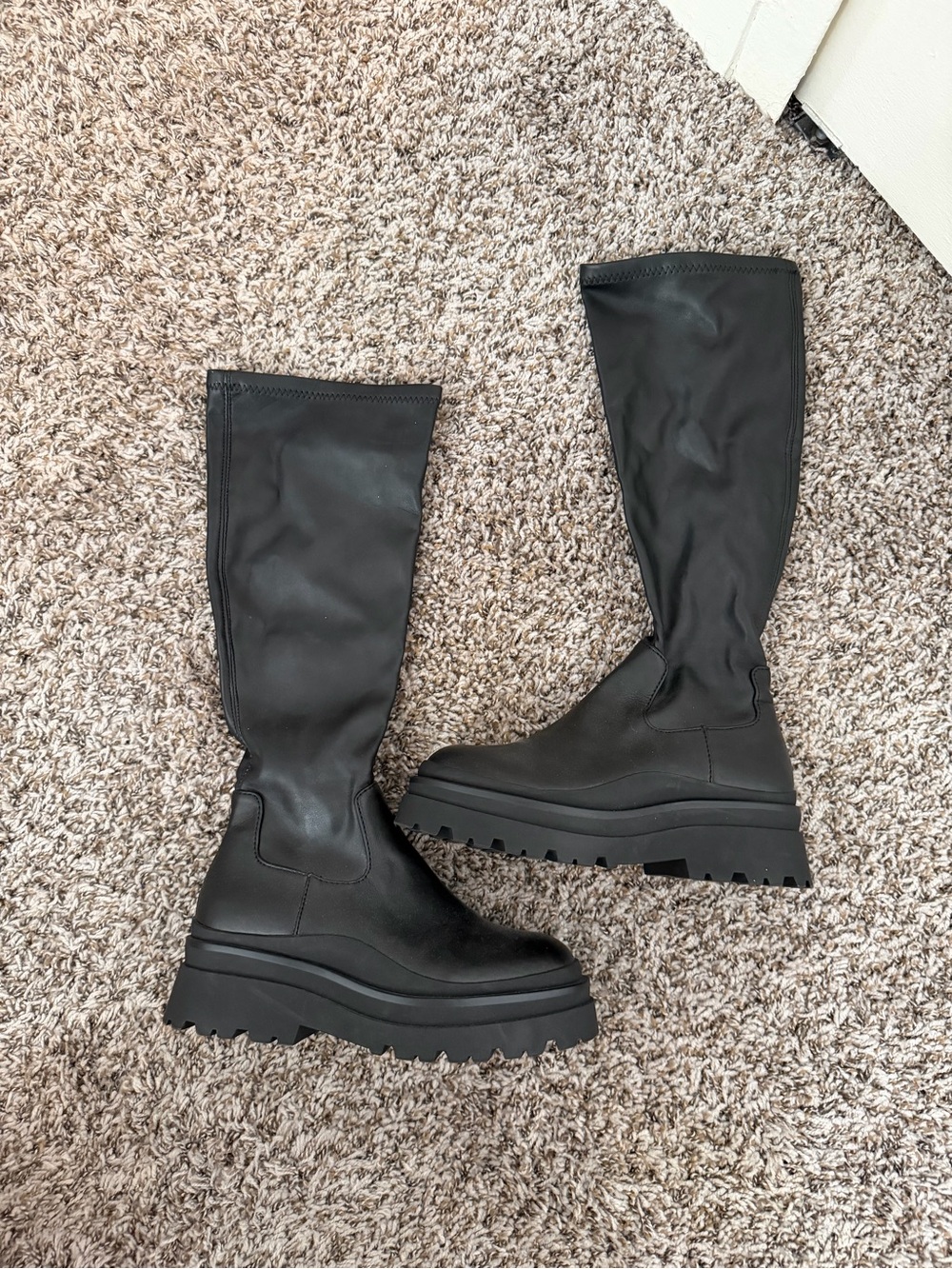 Platform Lug-Sole Knee Boot - Black